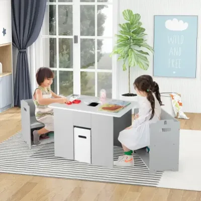 3dílná sada stolu a židlí pro děti 4 v 1 se 2 stohovatelnými židlemi Šedá a bílá