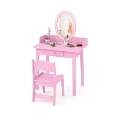 2 in 1 Kinder Schminktisch mit Hocker Frisiertisch mit Beleuchtung Rosa