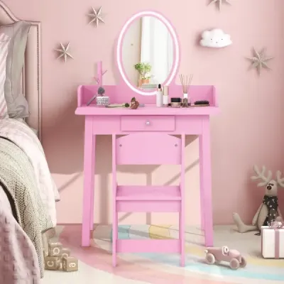 2 in 1 Kinder Schminktisch mit Hocker Frisiertisch mit Beleuchtung Rosa