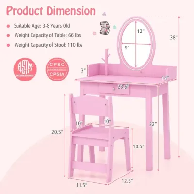 2 in 1 Kinder Schminktisch mit Hocker Frisiertisch mit Beleuchtung Rosa
