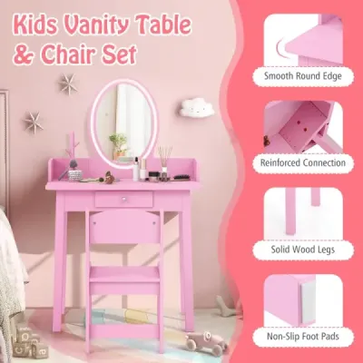 2 in 1 Kinder Schminktisch mit Hocker Frisiertisch mit Beleuchtung Rosa
