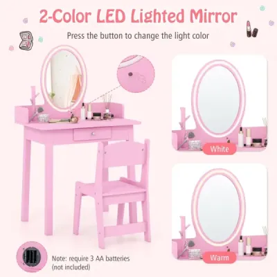 2 in 1 Kinder Schminktisch mit Hocker Frisiertisch mit Beleuchtung Rosa