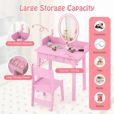 2 in 1 Kinder Schminktisch mit Hocker Frisiertisch mit Beleuchtung Rosa