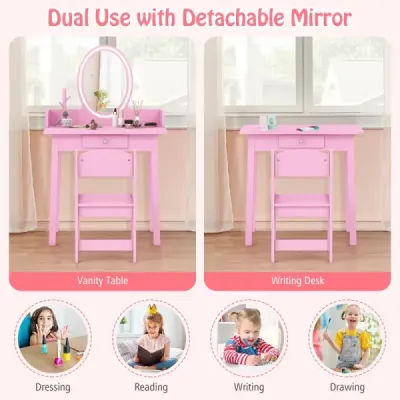 2 in 1 Kinder Schminktisch mit Hocker Frisiertisch mit Beleuchtung Rosa