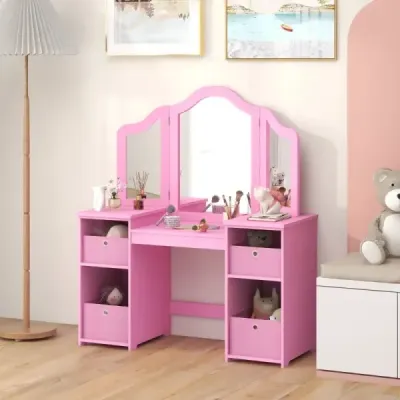 2 v 1 dětský toaletní stolek s odnímatelným zrcadlem a úložnými boxy make-up komoda bílá