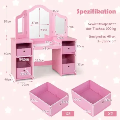2 v 1 dětský toaletní stolek s odnímatelným zrcadlem a úložnými boxy make-up komoda bílá