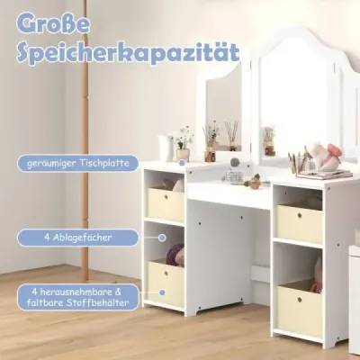 2 v 1 dětský toaletní stolek s odnímatelným zrcadlem a úložnými boxy make-up komoda bílá