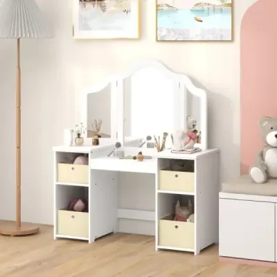 2 v 1 dětský toaletní stolek s odnímatelným zrcadlem a úložnými boxy make-up komoda bílá