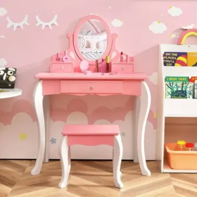 Dětský toaletní stolek se židlí Princess Toaletní stolek se 3 zásuvkami a zrcadlovou růžovou
