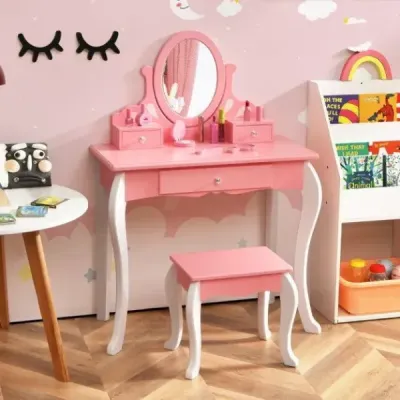 Dětský toaletní stolek se židlí Princess Toaletní stolek se 3 zásuvkami a zrcadlovou růžovou