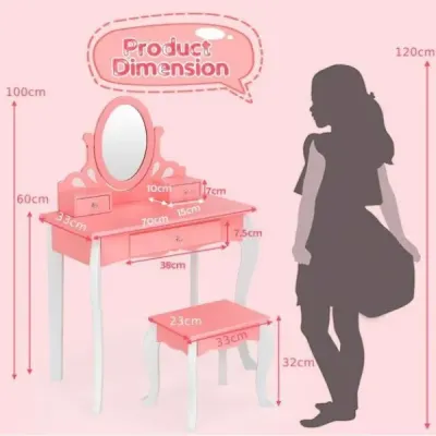 Dětský toaletní stolek se židlí Princess Toaletní stolek se 3 zásuvkami a zrcadlovou růžovou