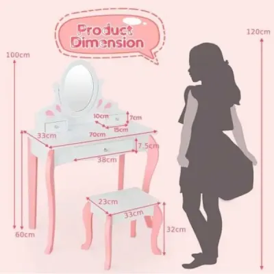 Dětský toaletní stolek s židlí Princess Toaletní stolek se 3 zásuvkami a zrcadlem bílý