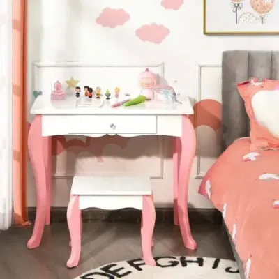Dětský toaletní stolek s židlí Princess Toaletní stolek se 3 zásuvkami a zrcadlem bílý