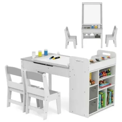 Dětský stůl se 2 židlemi Malířský stůl 3 v 1 dřevěná dětská sedací souprava se zvedací deskou stolu šedá