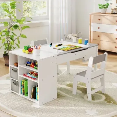 Dětský stůl se 2 židlemi Malířský stůl 3 v 1 dřevěná dětská sedací souprava se zvedací deskou stolu šedá