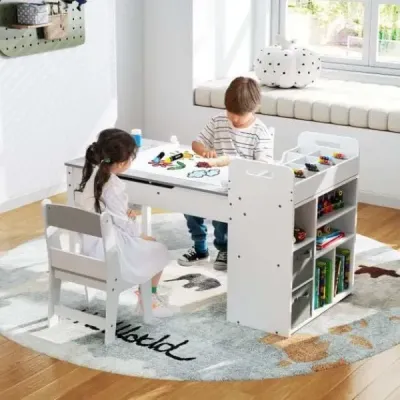 Dětský stůl se 2 židlemi Malířský stůl 3 v 1 dřevěná dětská sedací souprava se zvedací deskou stolu šedá