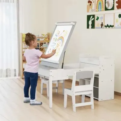 Dětský stůl se 2 židlemi Malířský stůl 3 v 1 dřevěná dětská sedací souprava se zvedací deskou stolu šedá