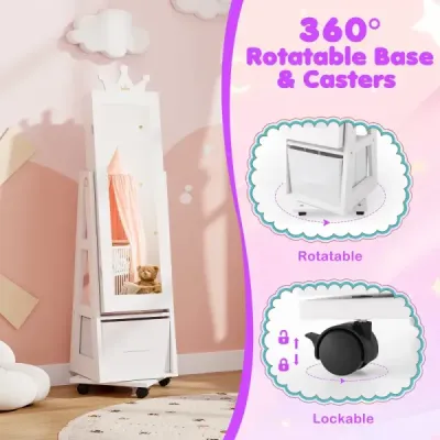 Dětská šperkovnice 3 v 1 zrcadlová skříňka Otočný o 360° Stojan na šperky se zrcadlem po celé délce Bílý
