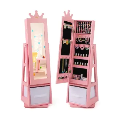 Kinder Schmuckschrank 2 in 1 Spiegelschrank neigbar mit Ganzkörperspiegel 31,5 x 30 x 115 cm Rosa