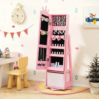Kinder Schmuckschrank 2 in 1 Spiegelschrank neigbar mit Ganzkörperspiegel 31,5 x 30 x 115 cm Rosa