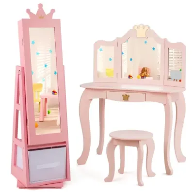 Kinder Schmuckschrank 2 in 1 Spiegelschrank neigbar mit Ganzkörperspiegel 31,5 x 30 x 115 cm Rosa