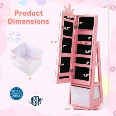 Kinder Schmuckschrank 2 in 1 Spiegelschrank neigbar mit Ganzkörperspiegel 31,5 x 30 x 115 cm Rosa