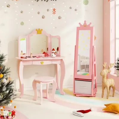 Kinder Schmuckschrank 2 in 1 Spiegelschrank neigbar mit Ganzkörperspiegel 31,5 x 30 x 115 cm Rosa