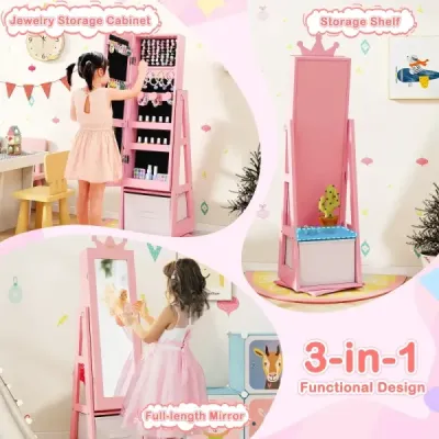 Kinder Schmuckschrank 2 in 1 Spiegelschrank neigbar mit Ganzkörperspiegel 31,5 x 30 x 115 cm Rosa