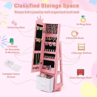 Kinder Schmuckschrank 2 in 1 Spiegelschrank neigbar mit Ganzkörperspiegel 31,5 x 30 x 115 cm Rosa