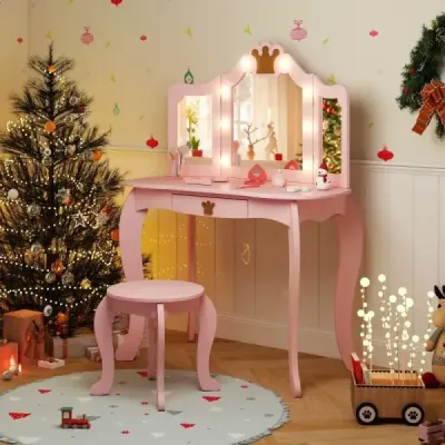 Dětský toaletní stolek s osvětlením, toaletní stolek pro dívky s trojitě sklopným zrcadlem, růžový