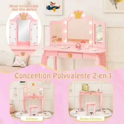 Dětský toaletní stolek s osvětlením, toaletní stolek pro dívky s trojitě sklopným zrcadlem, růžový