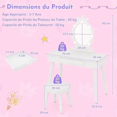 Dětský toaletní stolek s osvětlením 2v1 Princess toaletní stolek s odnímatelným zrcadlem bílý