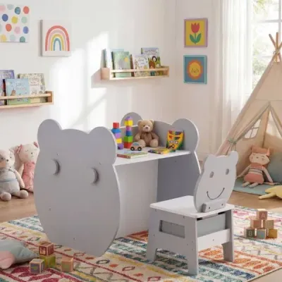 Sada 3 dětských aktivit - stůl a židle s oboustrannou tabulí a bílou tabulí, šedá + bílá