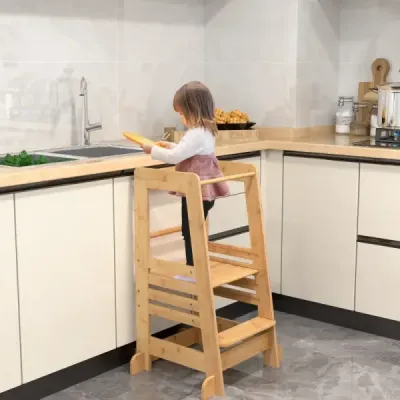 Dětská bambusová učební věž se 4 nastavitelnými výškami a bezpečnostním zábradlím Stupínek Montessori