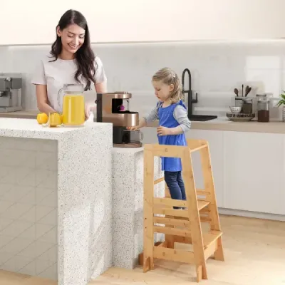 Dětská bambusová učební věž se 4 nastavitelnými výškami a bezpečnostním zábradlím Stupínek Montessori