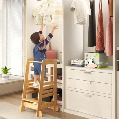 Dětská bambusová učební věž se 4 nastavitelnými výškami a bezpečnostním zábradlím Stupínek Montessori