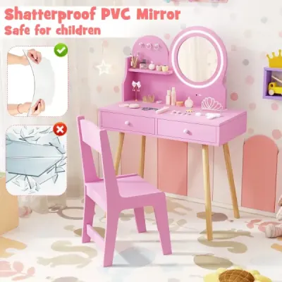 Sada toaletního stolku pro děti s osvětleným zrcadlem Kosmetický stolek a židle s motivem princezny Růžová