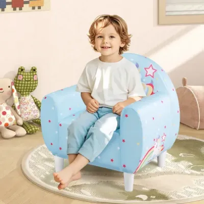 Kindersofa mit Rückenlehne & Armlehne Gepolsterter Kindersessel Einhorn Lesecouch Blau