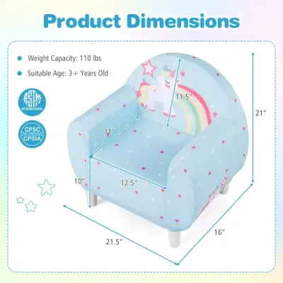 Kindersofa mit Rückenlehne & Armlehne Gepolsterter Kindersessel Einhorn Lesecouch Blau