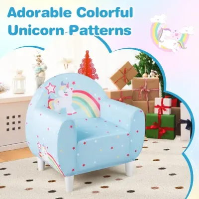 Kindersofa mit Rückenlehne & Armlehne Gepolsterter Kindersessel Einhorn Lesecouch Blau