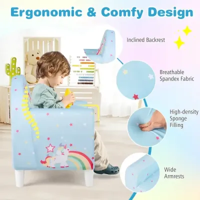 Kindersofa mit Rückenlehne & Armlehne Gepolsterter Kindersessel Einhorn Lesecouch Blau