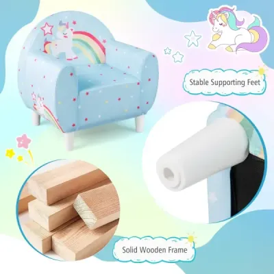 Kindersofa mit Rückenlehne & Armlehne Gepolsterter Kindersessel Einhorn Lesecouch Blau