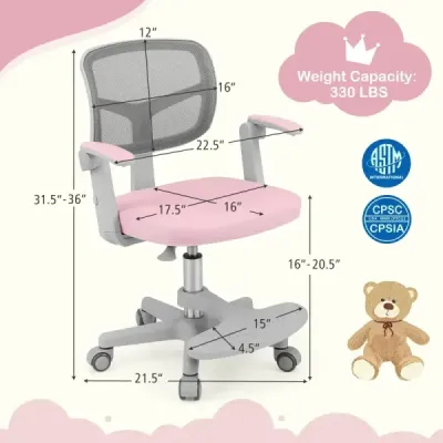 Dětská židle k psacímu stolu s nastavitelnou výškou sedáku 41-52 cm. Dětská otočná židle s kolečky růžová.
