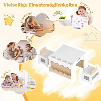 Dětský stůl se 2 židlemi – 3dílná dřevěná dětská sedací souprava s otočnou a odnímatelnou deskou v přírodním provedení