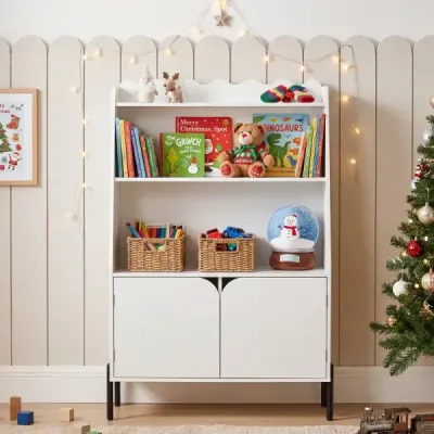 Dřevěná dětská skříňka Montessori se 3 otevřenými přihrádkami a 2 dvířky, 80 x 30 x 121 cm, bílá