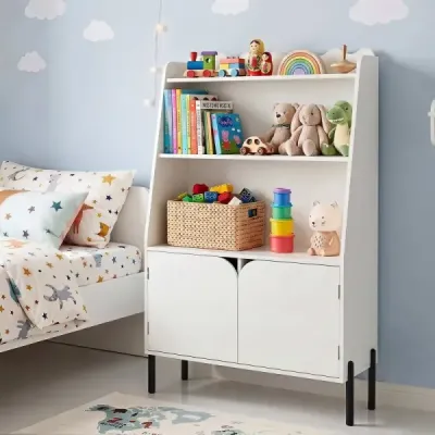 Dřevěná dětská skříňka Montessori se 3 otevřenými přihrádkami a 2 dvířky, 80 x 30 x 121 cm, bílá