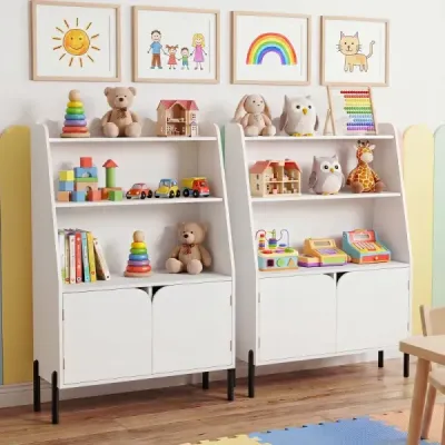 Dřevěná dětská skříňka Montessori se 3 otevřenými přihrádkami a 2 dvířky, 80 x 30 x 121 cm, bílá