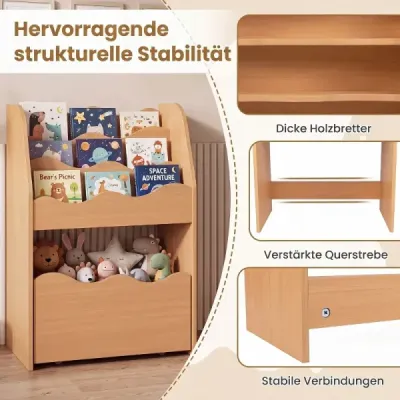Dětská knihovna – třípatrová montessori police na hračky ze dřeva s výsuvnou zásuvkou, přírodní
