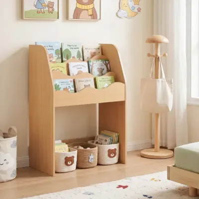 Dětská knihovna – třípatrová montessori police na hračky ze dřeva s výsuvnou zásuvkou, přírodní