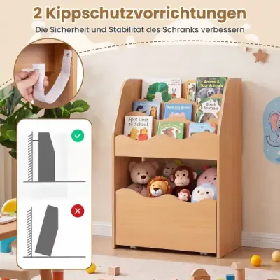 Dětská knihovna – třípatrová montessori police na hračky ze dřeva s výsuvnou zásuvkou, přírodní